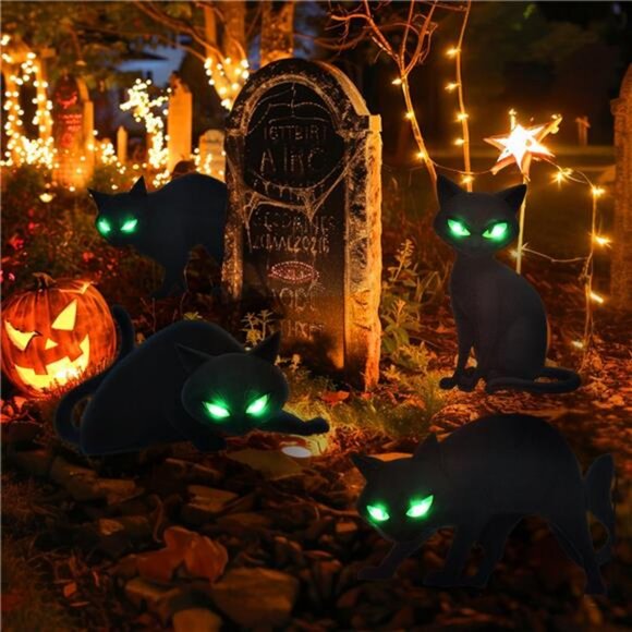 Lighted Black Cat Decor Yard Signs, 4 PCS Halloween Decorations Outdoor Scary - Picture 3 of 7